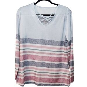 Gray and Pink Criss-Cross Long Sleeve Top Blouse size Large